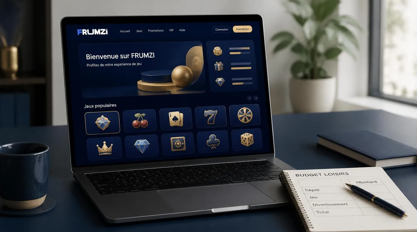 Ăcran de casino avec une offre de bienvenue et plusieurs fournisseurs de jeux, accompagnĂ© dâun carnet de budget