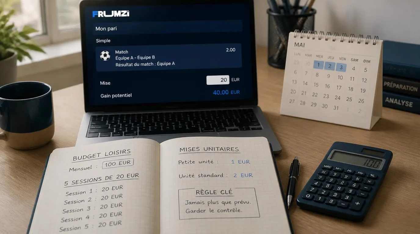 Carnet de budget sportif avec mises de 1 et 2 euros, calculatrice et calendrier de retrait sur un bureau
