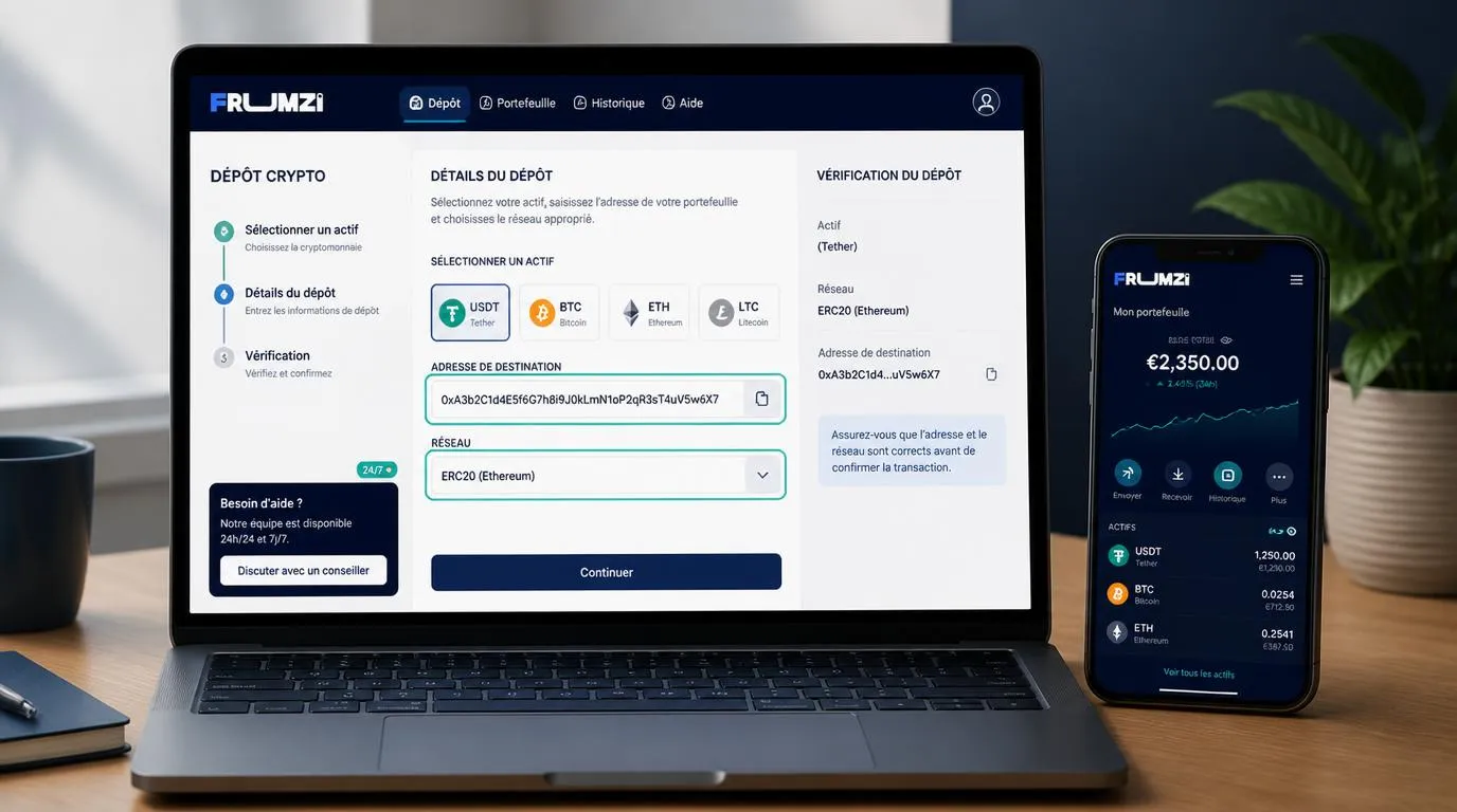 Interface de dépôt crypto avec portefeuille, adresse destinataire, sélection du réseau et assistance par chat