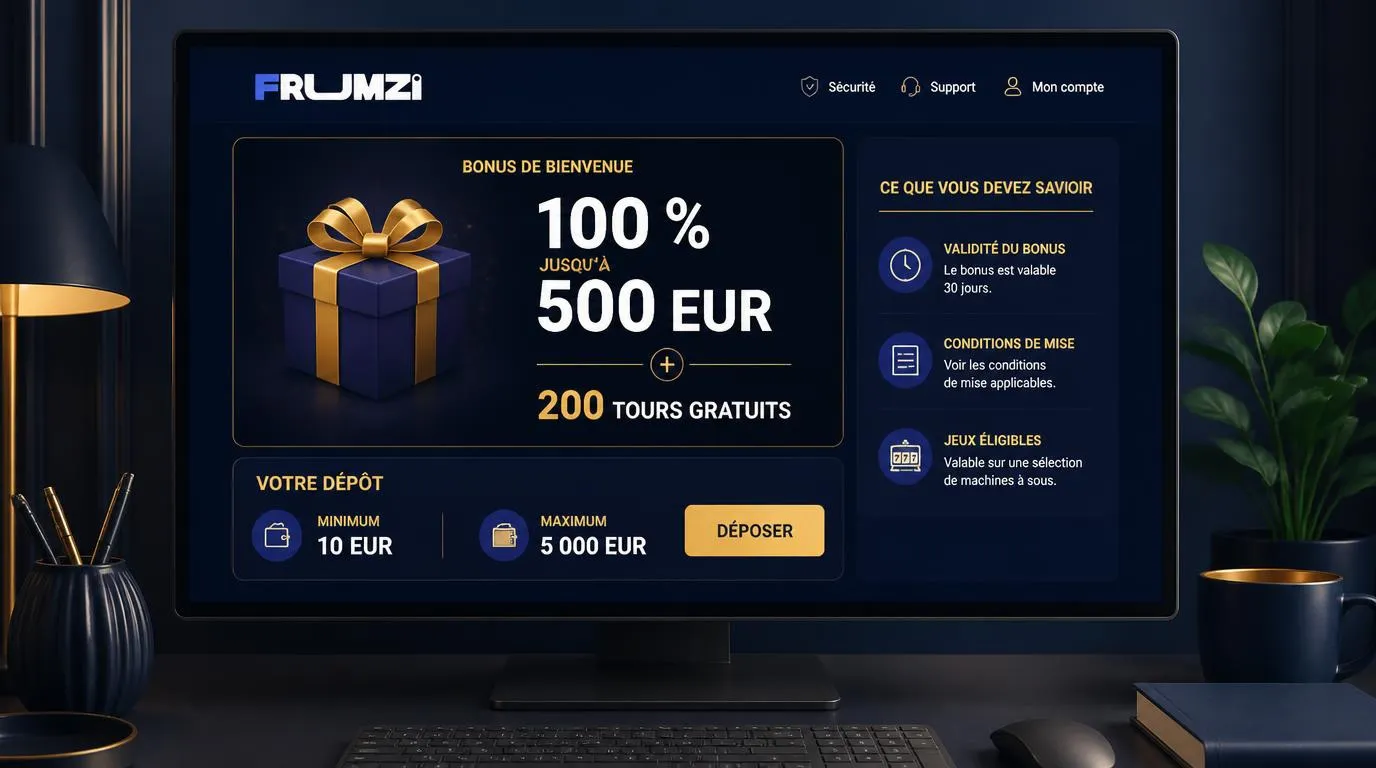 Interface du bonus de bienvenue avec 100 % jusqu’à 500 EUR, 200 tours gratuits et les limites de dépôt
