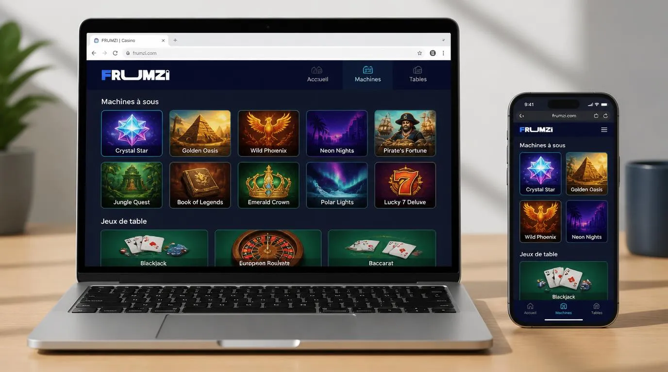 Ordinateur et smartphone affichant un catalogue de machines Ă sous et de jeux de table dans un navigateur