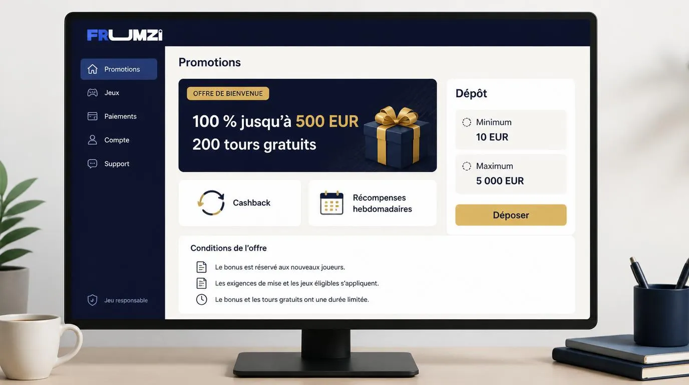 Interface de bonus avec offre de 100 % jusquâĂ 500 EUR, 200 tours gratuits et dĂ©pĂŽt minimum de 10 EUR