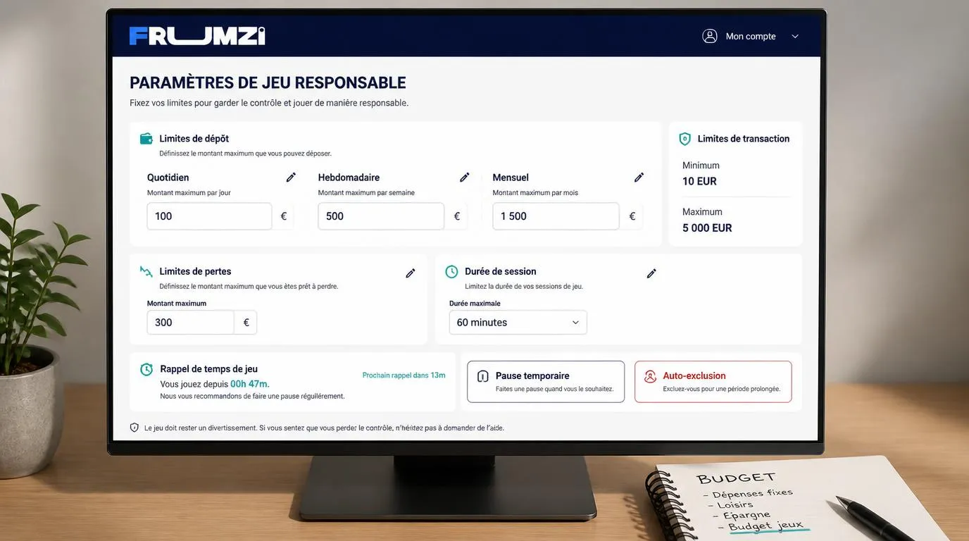 Interface de compte avec plafonds de dépôt quotidiens, hebdomadaires et mensuels et bouton de pause