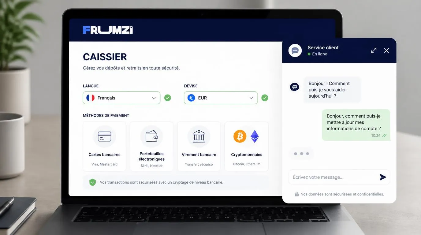 Interface de caisse en français avec sĂ©lection EUR, moyens de paiement et fenĂȘtre de chat client