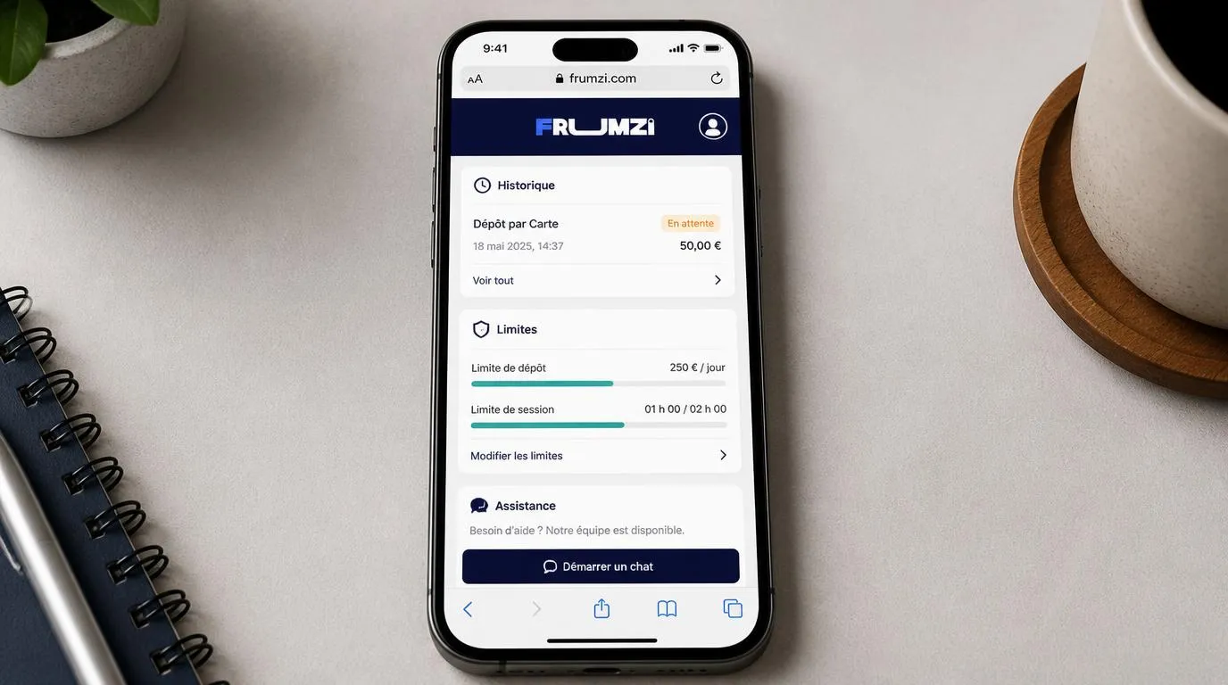 Smartphone affichant un historique de paiement, des limites de jeu et un bouton de chat avec lâassistance