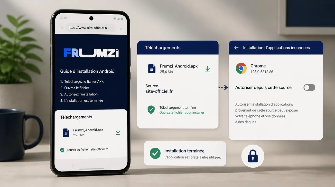 Smartphone affichant un tĂ©lĂ©chargement officiel et le rĂ©glage des permissions dâinstallation Android