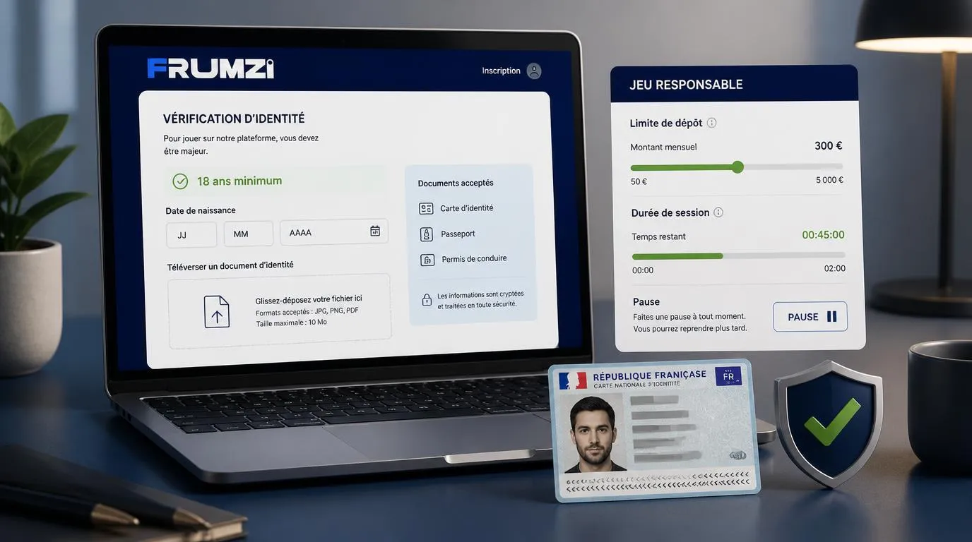 Écran de vérification de majorité avec document d’identité, badge 18 ans minimum et réglages de limites de jeu
