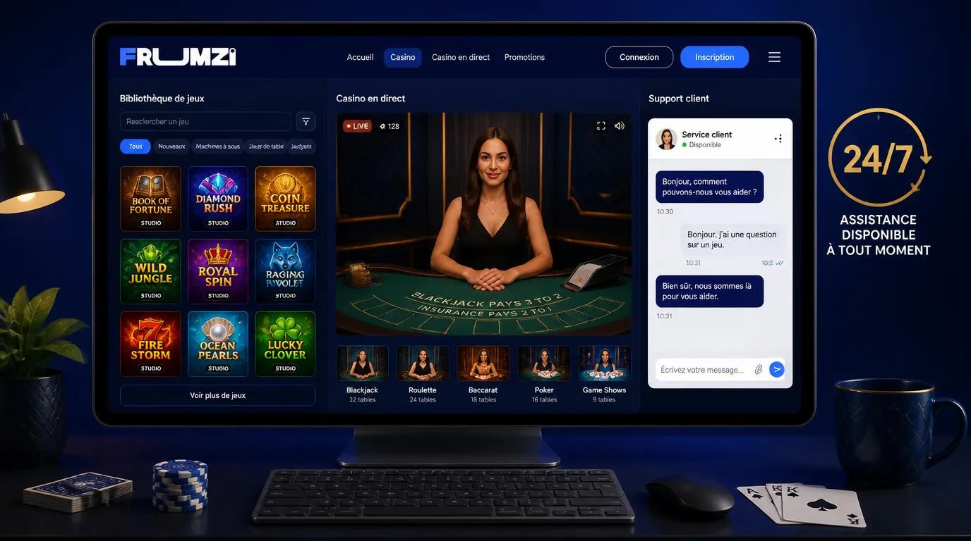 Interface de casino avec plusieurs studios de jeux, un chat ouvert et une table avec croupiĂšre en direct