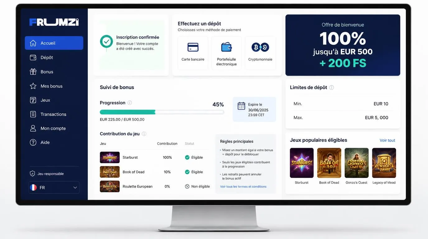 Interface de bonus avec sélection du dépôt, tours gratuits et barre de progression des exigences de mise