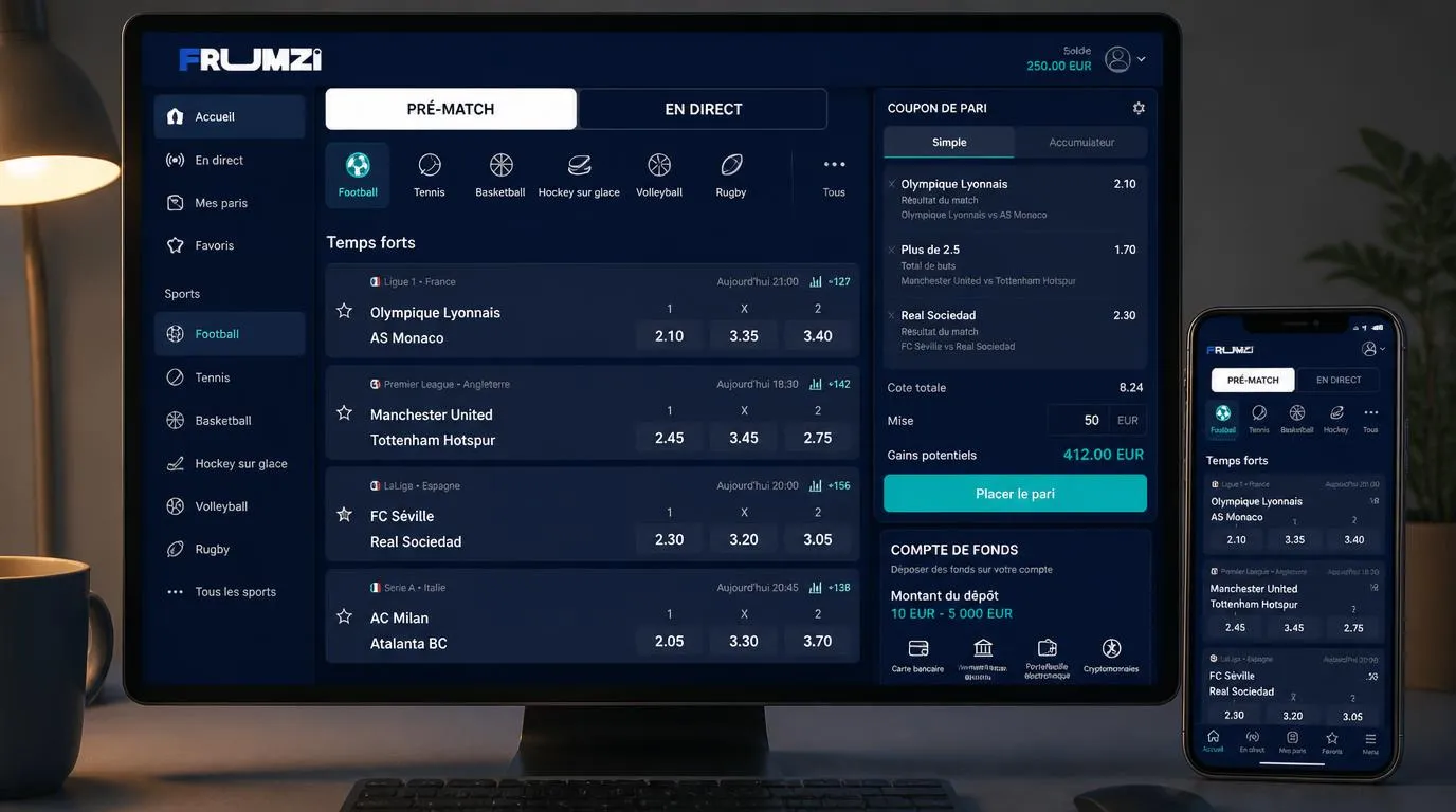 Interface de paris sportifs avec marchés avant match, cotes en direct et ticket simple ou combiné